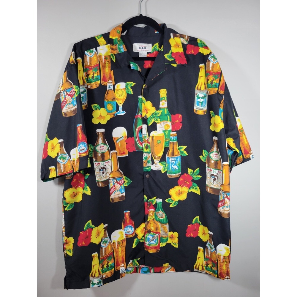 KAD CLOTHING CO.  Mens Hawaiian Button Shirt Beer Hibiscus Flower LARGE‎